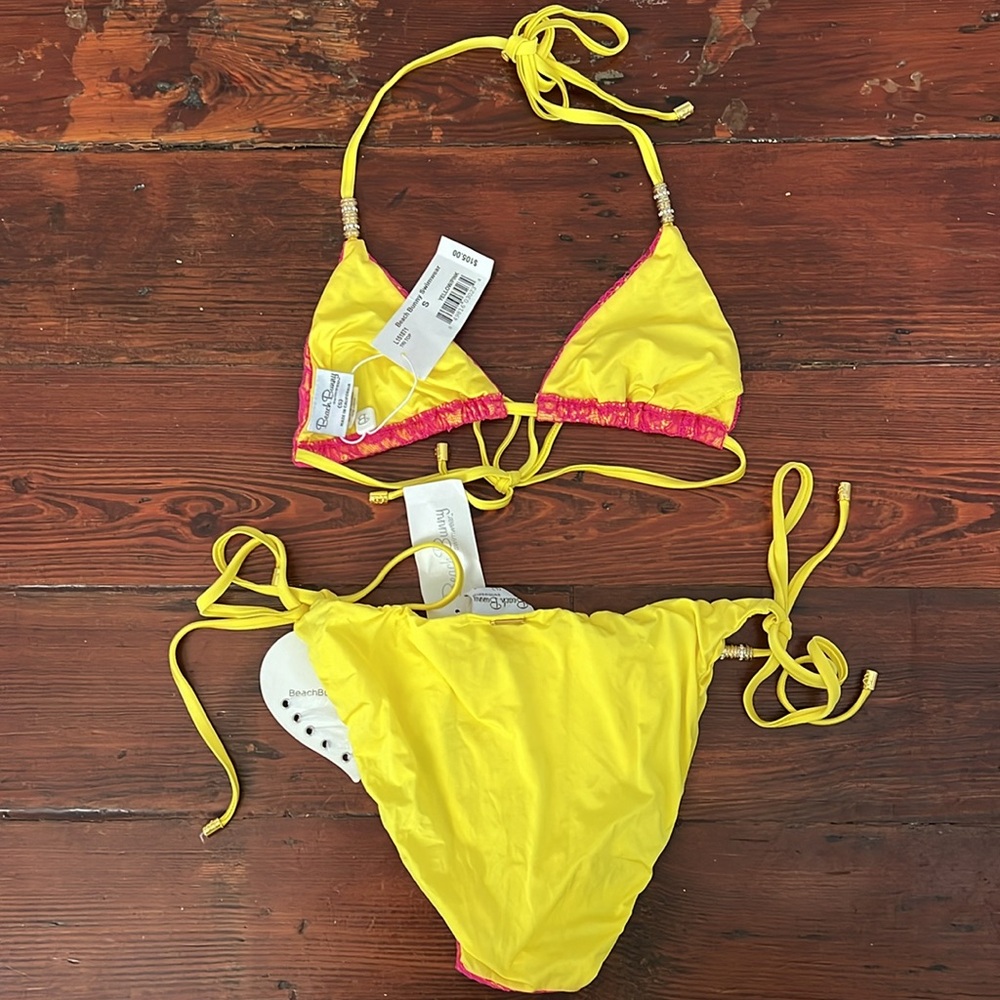Beach Bunny Yellow & Pink Lace Bikini with Gold and Crystal Beading - Picture 6 of 9